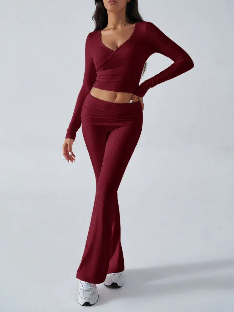 V-Neck Knit Crop Top and Flare Pants Set - View 8 | WEUXS