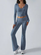 V-Neck Knit Crop Top and Flare Pants Set - View 22 | WEUXS