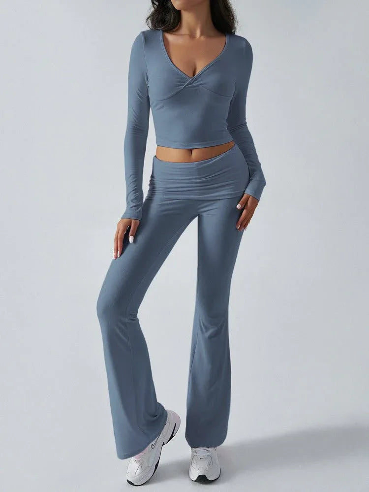 V-Neck Knit Crop Top and Flare Pants Set - View 22 | WEUXS