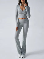 V-Neck Crop Top and Fold-Over Flare Pants Set - View 35 | WEUXS