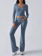 V-Neck Knit Crop Top and Flare Pants Set - View 19 | WEUXS