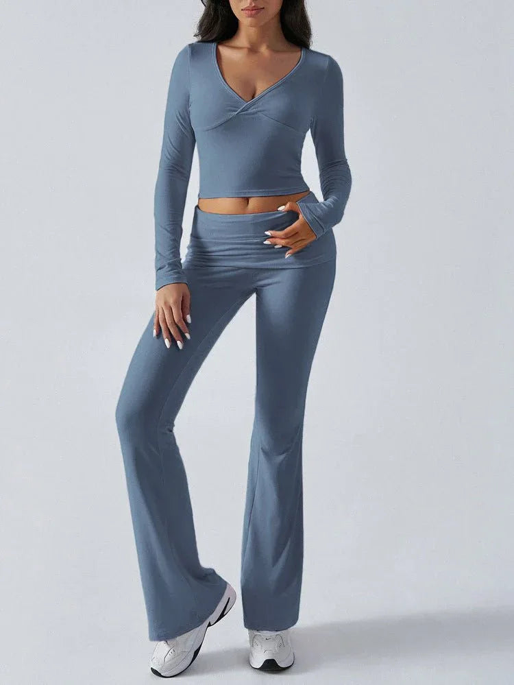 V-Neck Knit Crop Top and Flare Pants Set - View 19 | WEUXS