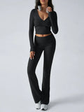 V-Neck Crop Top and Fold-Over Flare Pants Set - View 41 | WEUXS