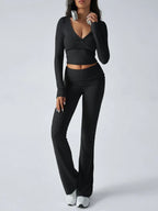 V-Neck Crop Top and Fold-Over Flare Pants Set - View 41 | WEUXS