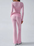 V-Neck Knit Crop Top and Flare Pants Set - View 6 | WEUXS