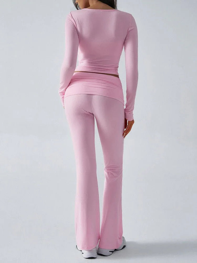 V-Neck Knit Crop Top and Flare Pants Set - View 6 | WEUXS