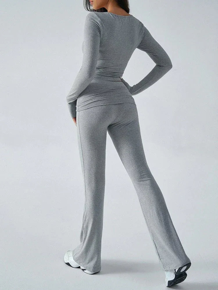 V-Neck Knit Crop Top and Flare Pants Set - View 36 | WEUXS