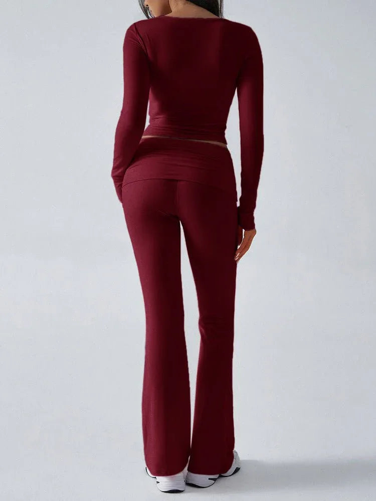 V-Neck Crop Top and Fold-Over Flare Pants Set - View 12 | WEUXS