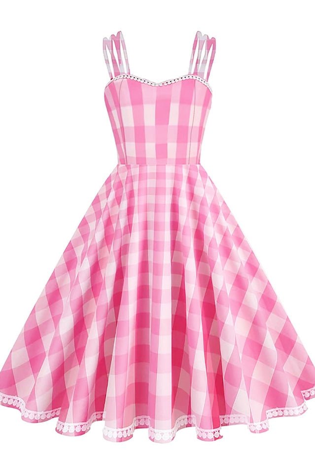Barbie Movie Margot Pink Plaid Check Dress - WEUXS