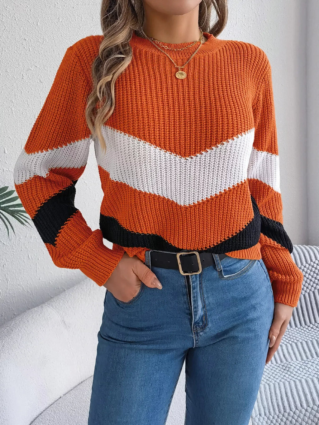 Women's Color Block Chevron Knit Sweater - WEUXS