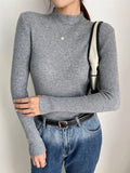 grey mock neck ribbed knit sweater front view