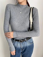 grey mock neck ribbed knit sweater front view