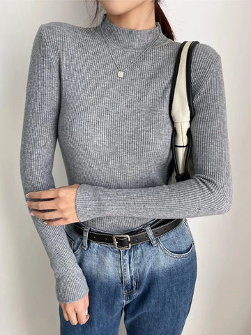 grey mock neck ribbed knit sweater front view