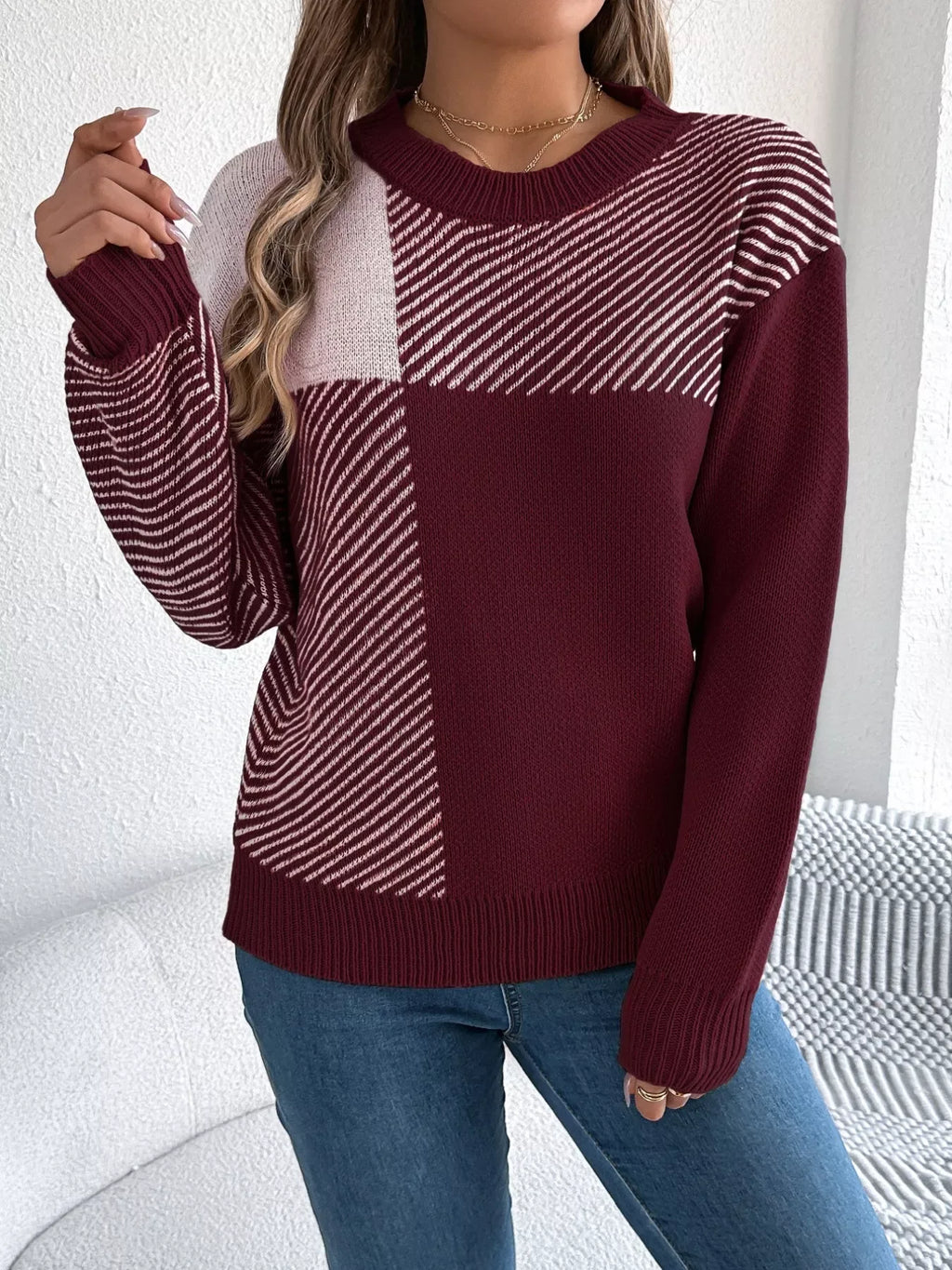 Modern Geometric Khaki Knit Sweater - WEUXS