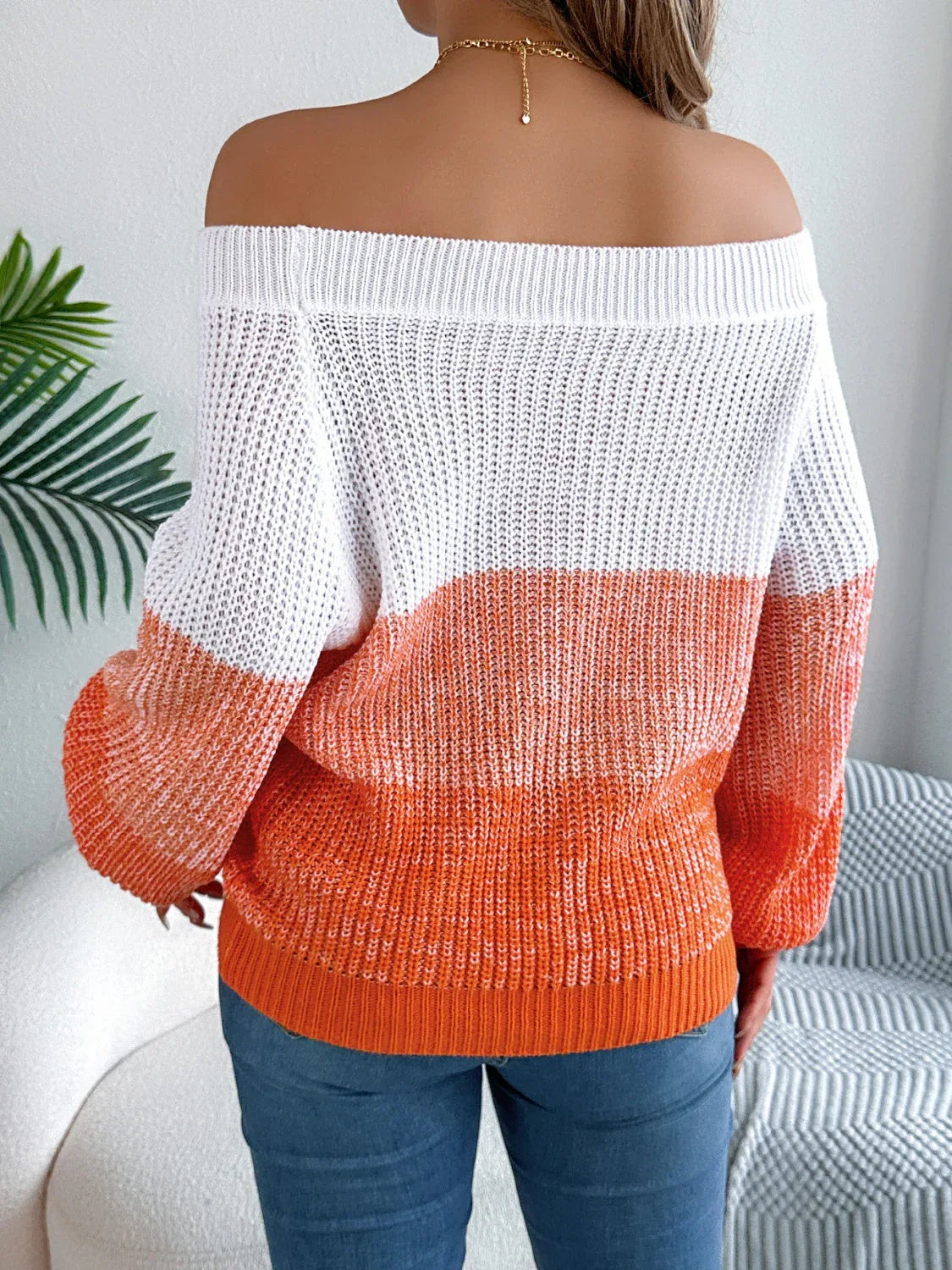 Off-Shoulder Color Block Knit Sweater - View 8 | WEUXS