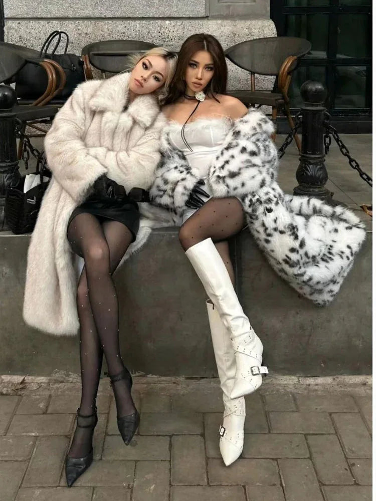 Aspen Chic Snow Leopard Faux Fox Fur Long Coat - WEUXS