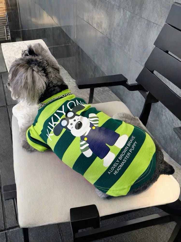 Miniature schnauzer wearing a green and dark green striped dog t-shirt with a cartoon dog graphic and text on the back.