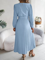 Vintage Khaki V-Neck Pleated Maxi Dress - View 8 | WEUXS
