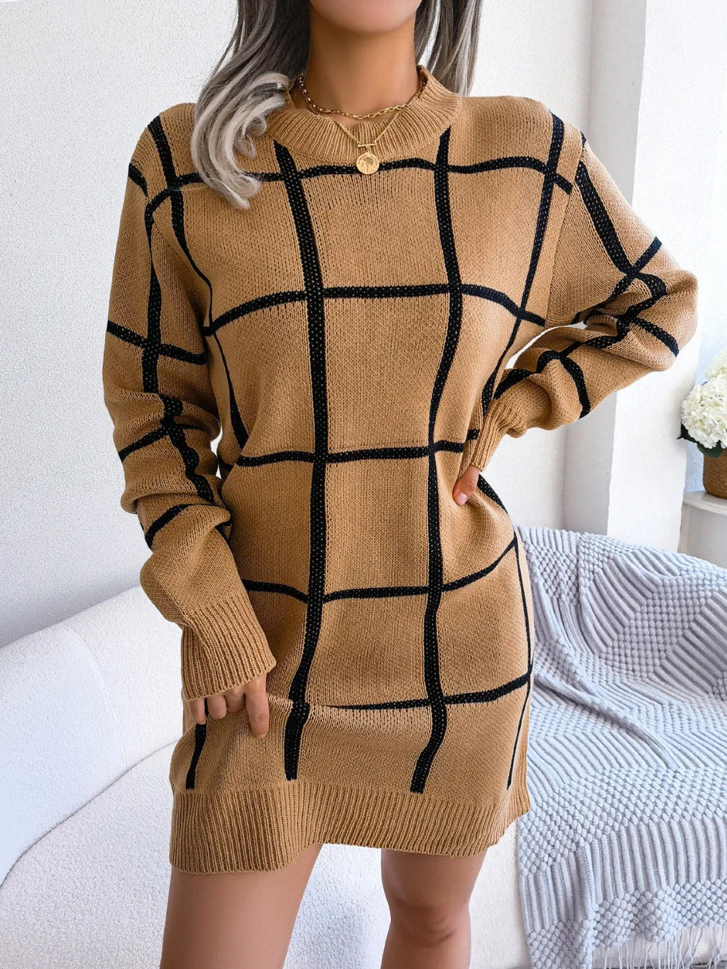 Windowpane Plaid Knit Sweater Dress - View 11 | WEUXS