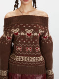 Brown Fair Isle knit sweater with bear and bow pattern - View 6 | WEUXS