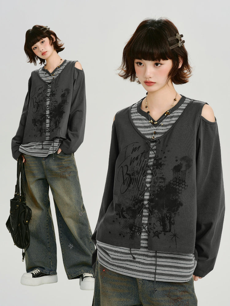 Collage of a woman wearing a dark gray graphic print cropped long-sleeve top with cold shoulder cutouts and a lace-up front over a gray and white striped t-shirt, paired with distressed denim jeans.