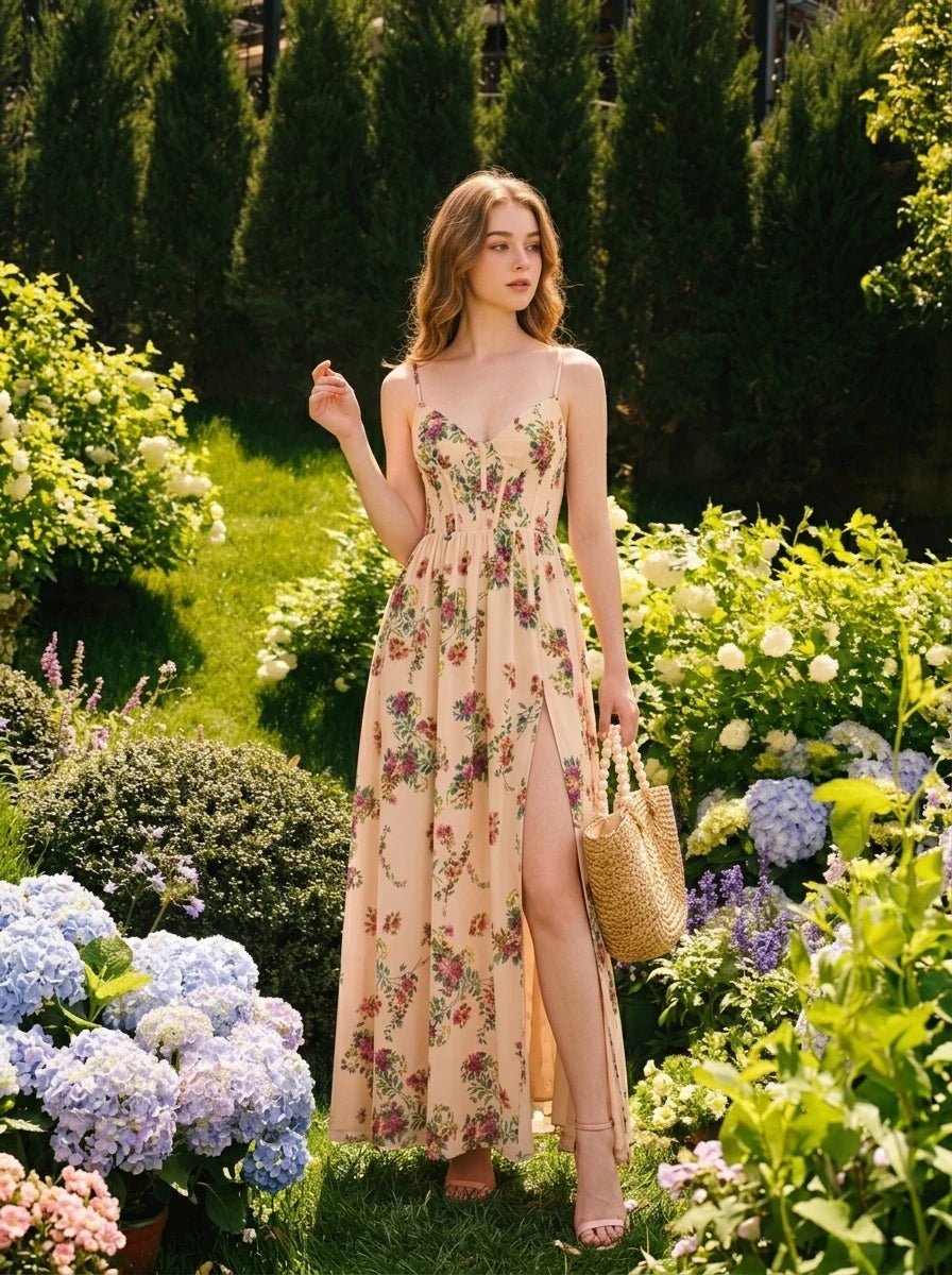 Woman in a cream floral print maxi dress with a high slit posing in a garden.