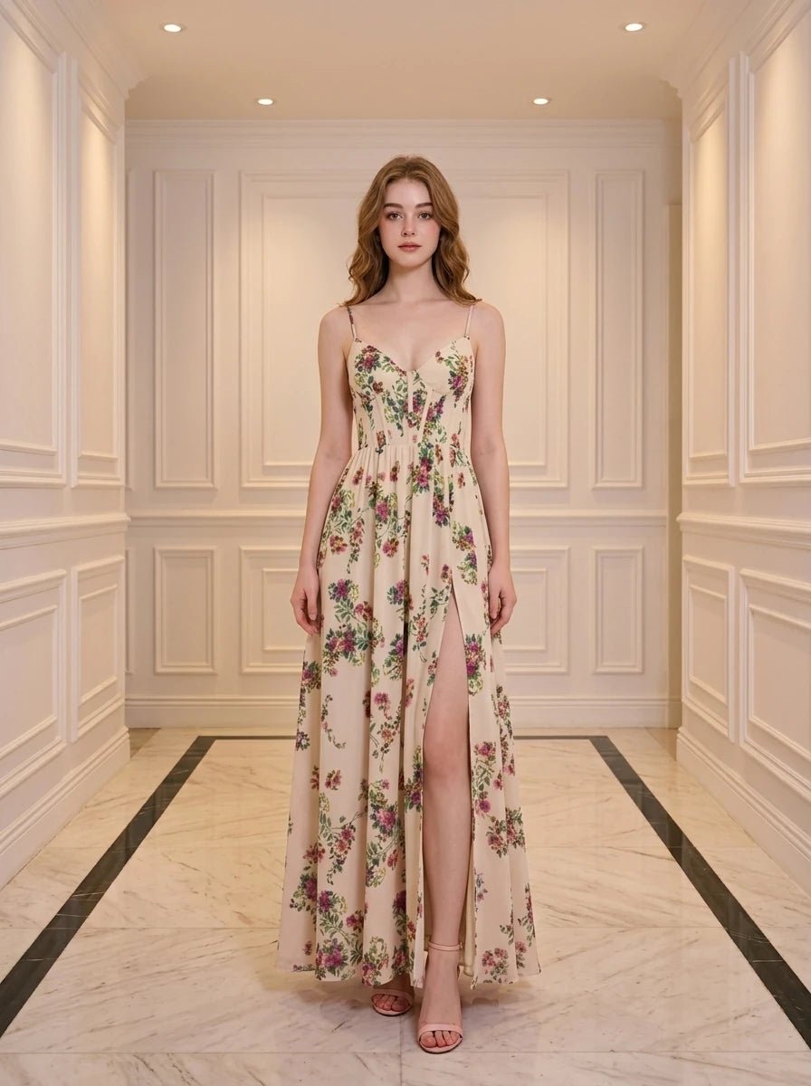 Woman wearing a cream floral print maxi dress with spaghetti straps and a high slit.