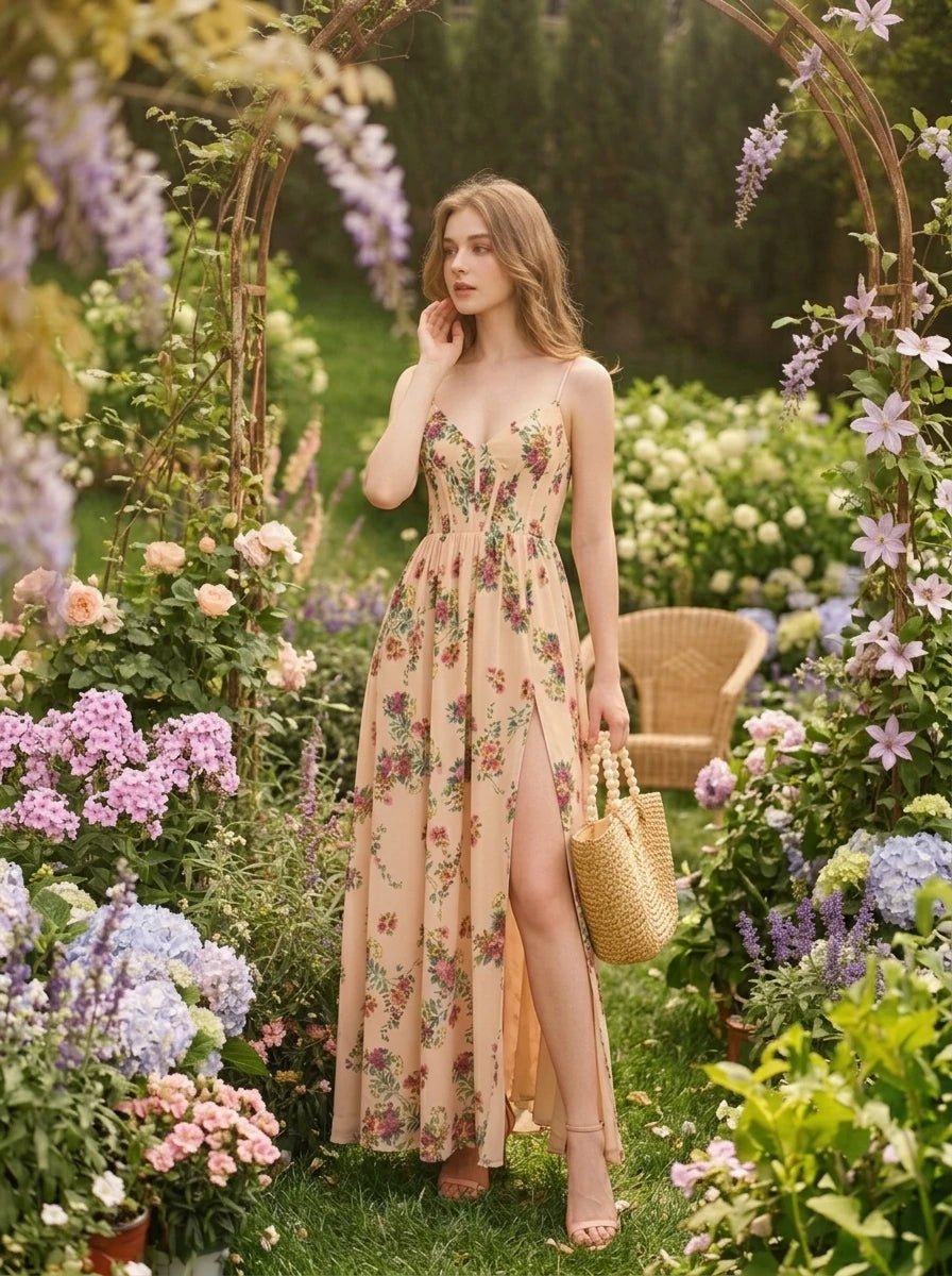 Woman wearing a cream floral print maxi dress with a high slit in a garden setting.