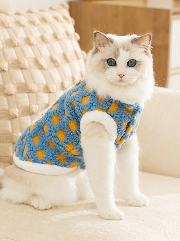 Pet fleece vest with red checkered pattern and clock embroidery - View 8 | WEUXS