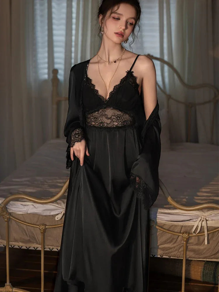 Satin lace robe and slip dress set - View 21 | WEUXS