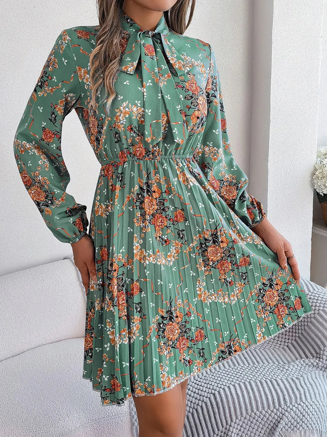 Vintage Pink Floral Pleated Dress - WEUXS