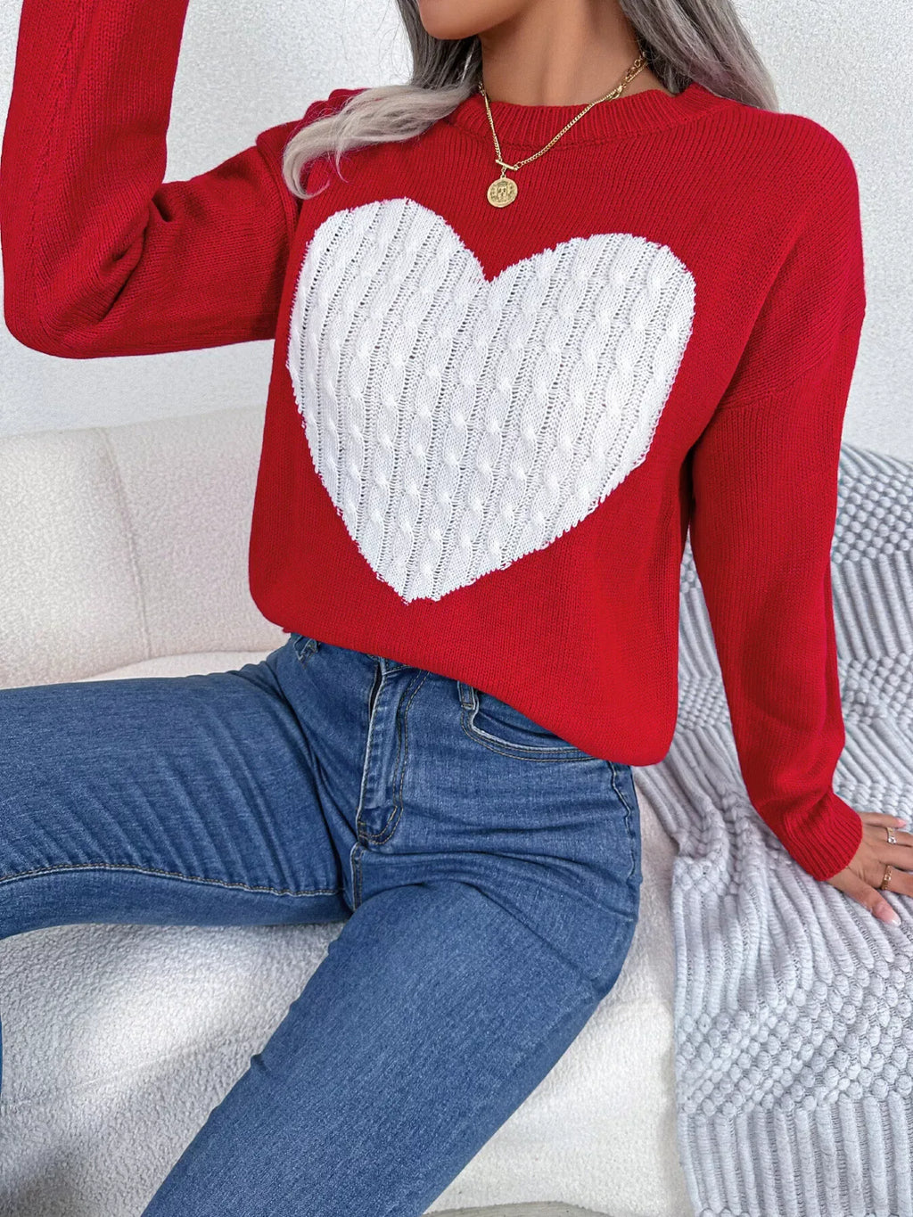 Cable knit sweater with heart design - View 11 | WEUXS