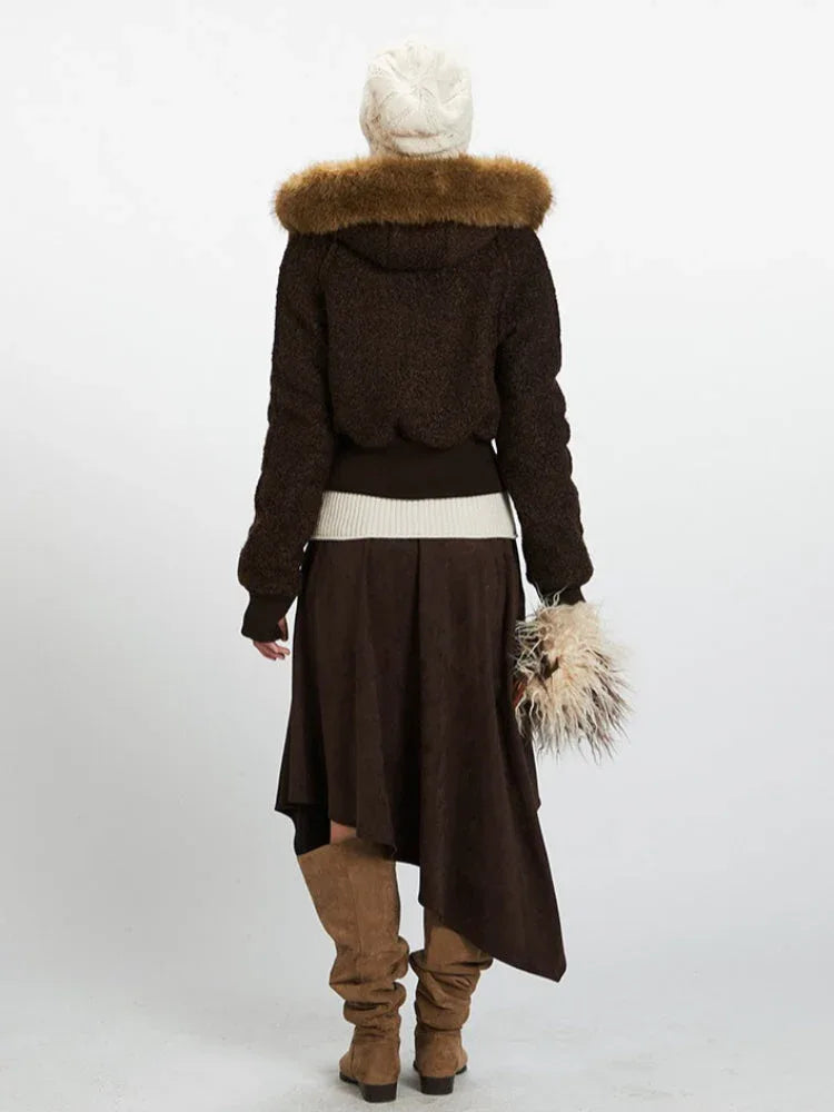 Back view of a model in a brown textured bomber jacket with a faux fur trimmed hood