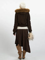 Back view of a model in a brown textured bomber jacket with a faux fur trimmed hood
