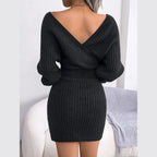 Black ribbed knit batwing sleeve sweater dress - View 6 | WEUXS