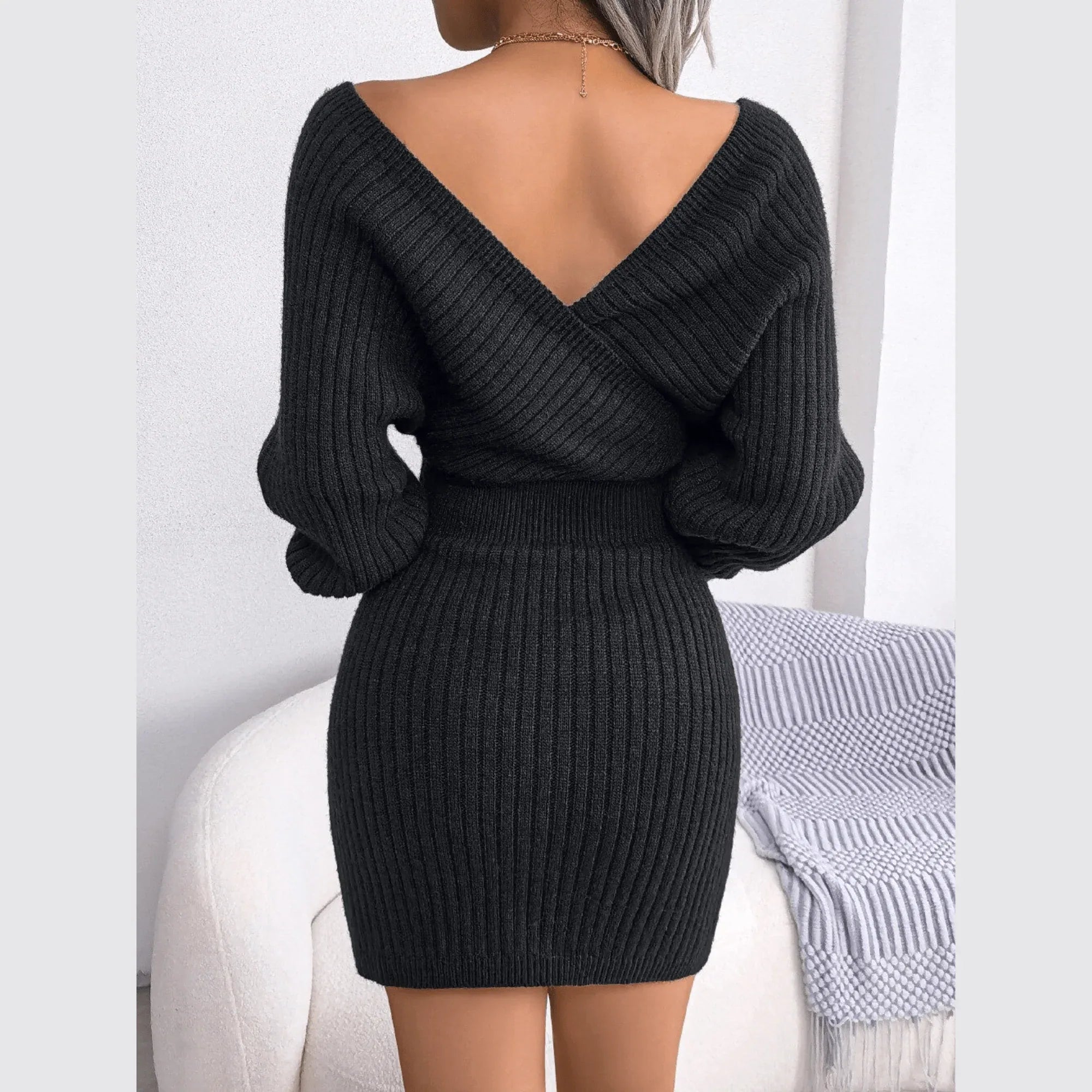 Black ribbed knit batwing sleeve sweater dress - View 6 | WEUXS