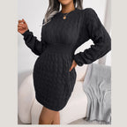 Front view of a woman in a blue bodycon knit dress with cable knit pattern