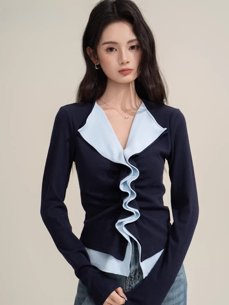 Ribbed V-Neck Long Sleeve Top with Contrast Trim - View 6 | WEUXS