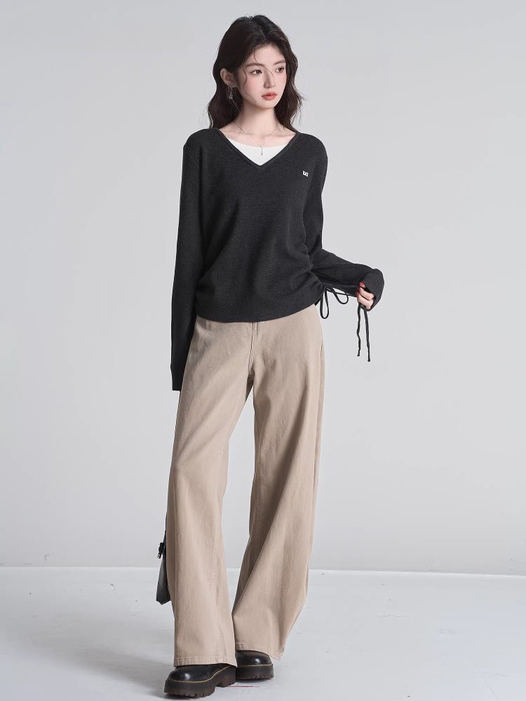 V-neck knit top with ruched side detail - View 6 | WEUXS