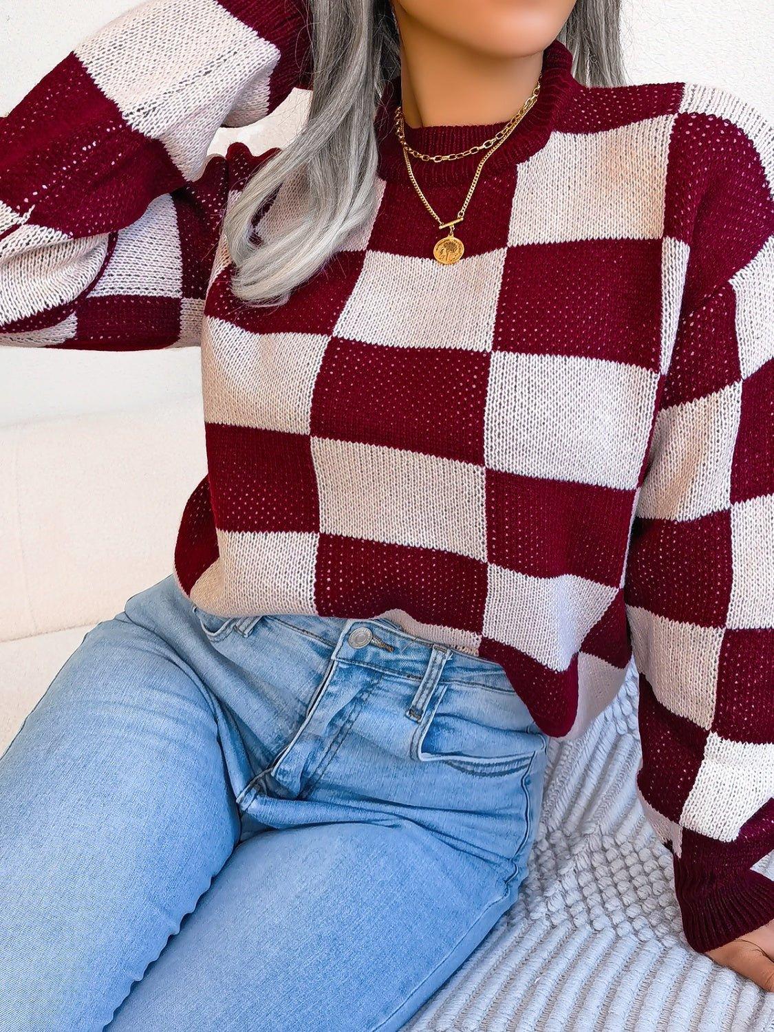 Checkerboard Knit Pullover Sweater - View 17 | WEUXS