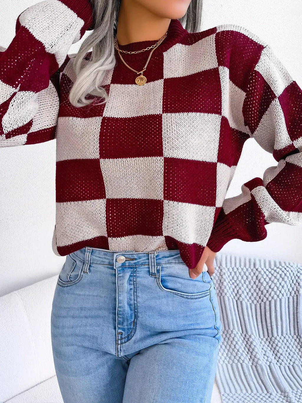 Checkerboard Knit Pullover Sweater - View 14 | WEUXS