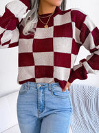Checkerboard Knit Pullover Sweater - View 14 | WEUXS
