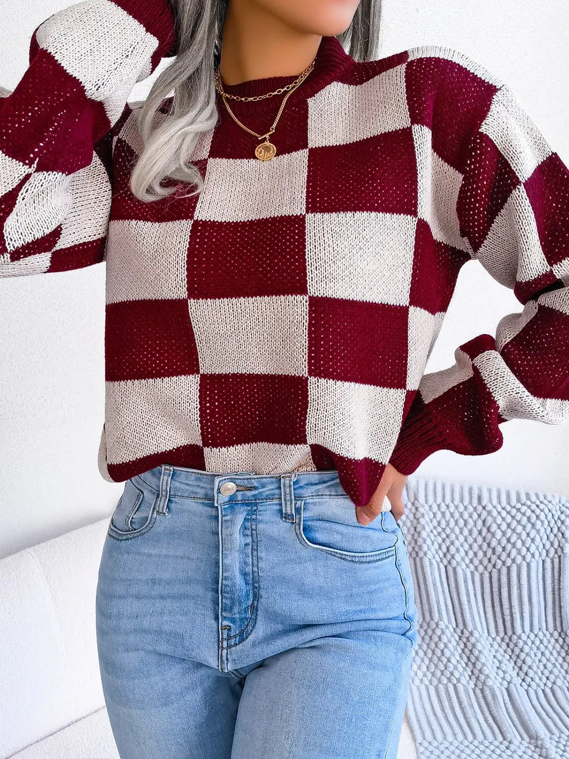 Checkerboard Knit Pullover Sweater - View 14 | WEUXS