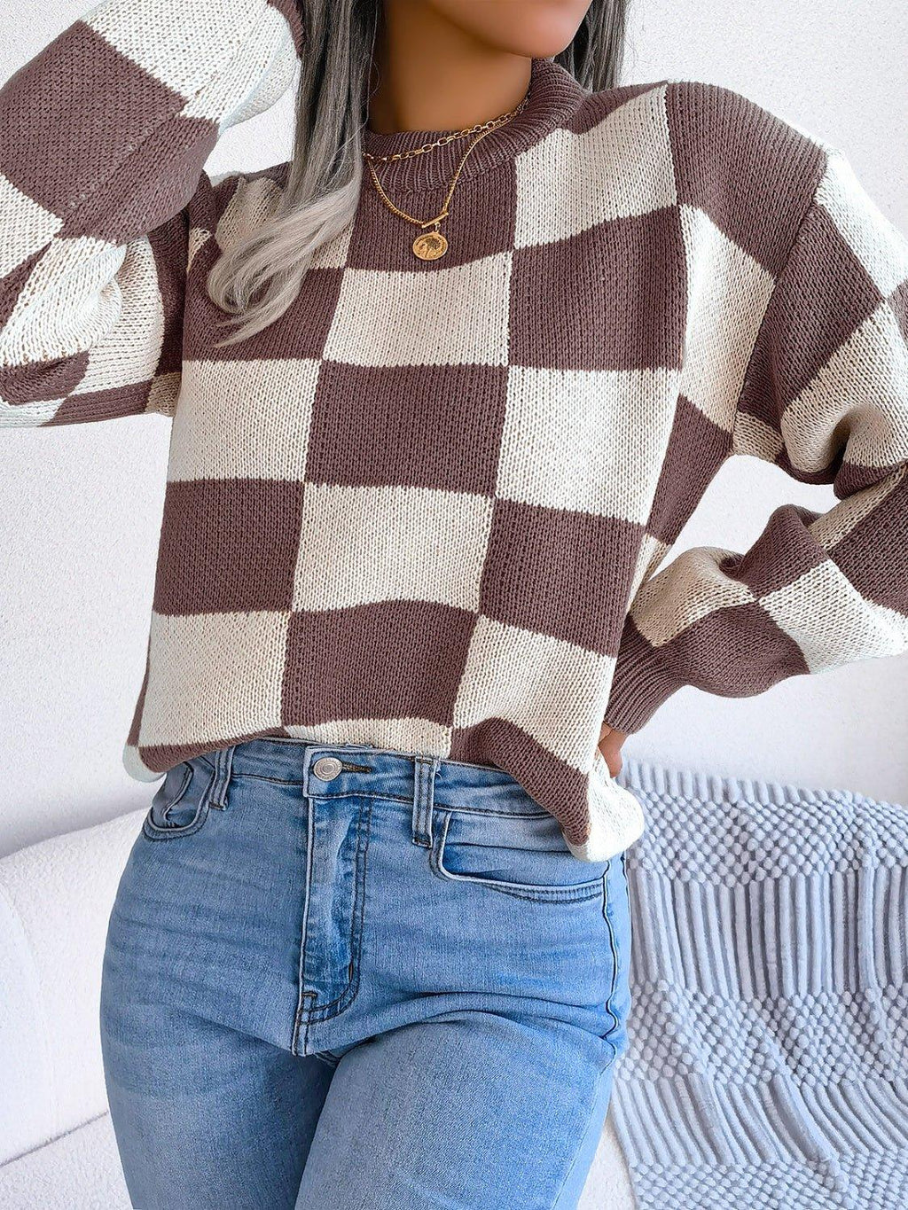 Checkerboard Knit Pullover Sweater - View 19 | WEUXS