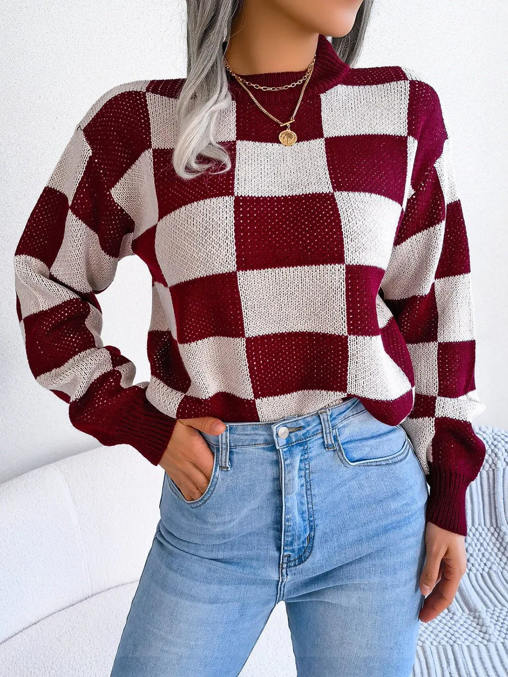 Checkerboard Knit Pullover Sweater - View 15 | WEUXS