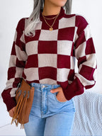 Checkerboard Knit Pullover Sweater - View 16 | WEUXS