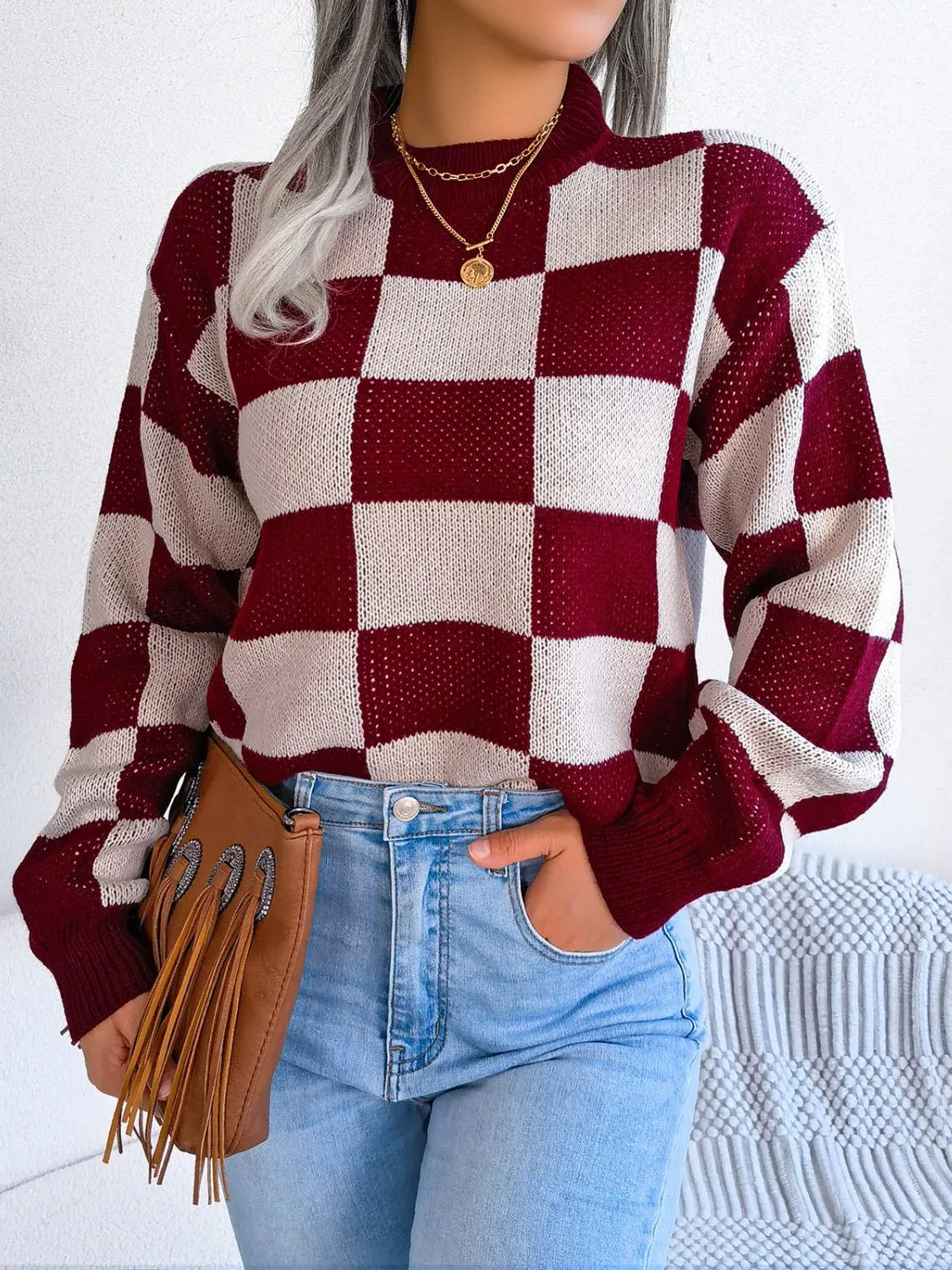 Checkerboard Knit Pullover Sweater - View 16 | WEUXS