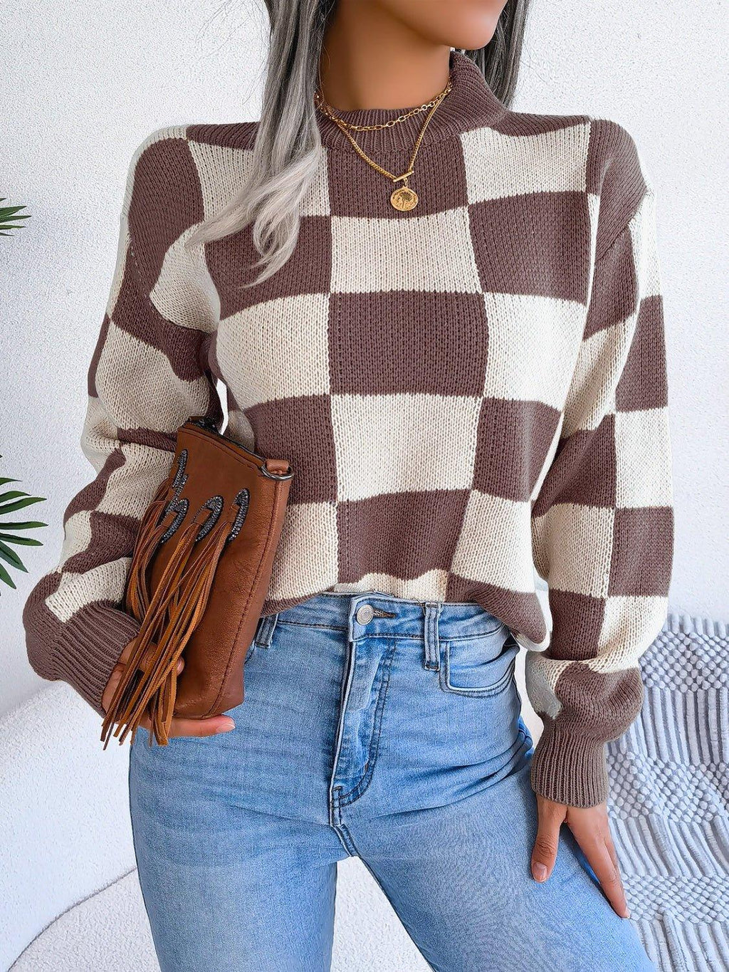 Checkerboard Knit Pullover Sweater - View 21 | WEUXS