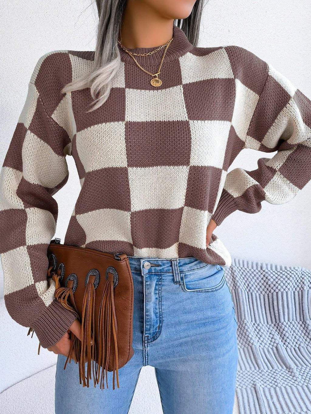 Checkerboard Knit Pullover Sweater - View 22 | WEUXS