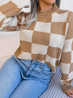 Checkerboard Knit Pullover Sweater - View 9 | WEUXS